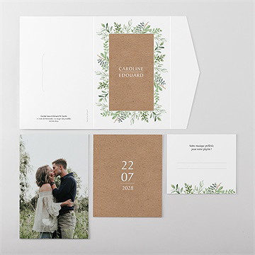 Faire-part mariage feuillage d'été pocketfold - vue d'ensemble d'extérieur