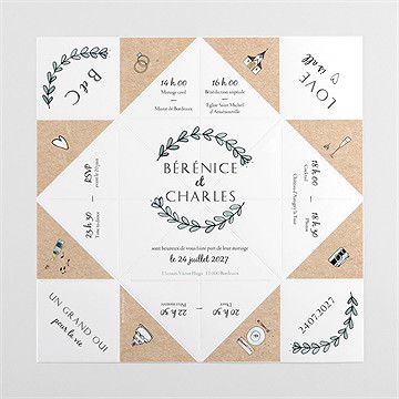 Faire-part mariage avec programme cocotte - Intérieur de la cocotte dépliée