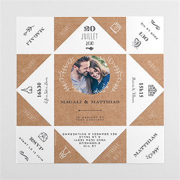 Faire-part mariage kraft vintage origami - Intérieur de la cocotte dépliée