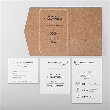 Faire-part mariage kraft vintage pocketfold - Vue d'ensemble intérieur