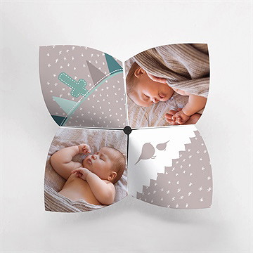 Faire-part de baptême colombe et banderoles origami - Vue du dessus