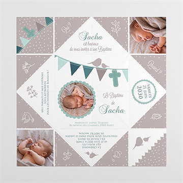 Faire-part de baptême colombe et banderoles origami - Vues dépliée