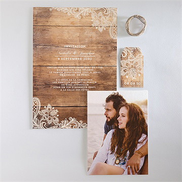 Faire-part mariage boisé superposition - Vue d'ensemble recto