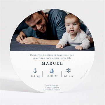 Faire-part naissance notre petit marin rond - Dos du faire-part