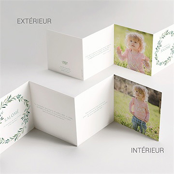 Faire-part de baptême feuilles et or accordéon - Vue d'ensemble