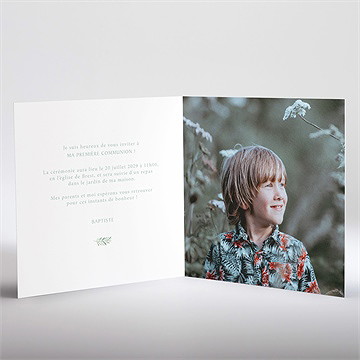 Faire-part communion végétal et dorure carré plié - Intérieur du faire-part