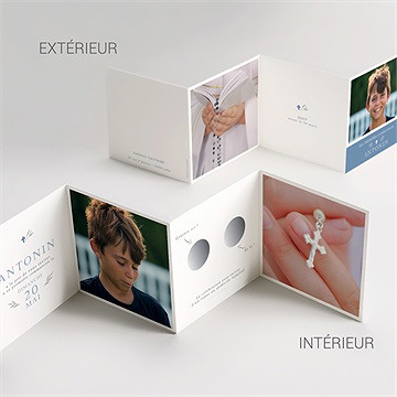 Faire-part communion bleu myosotis accordéon - Vue d'ensemble