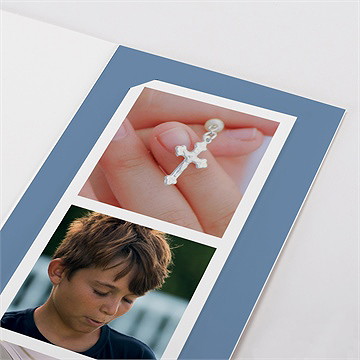 Faire-part communion bleu myosotis photomaton - Détail du faire-part