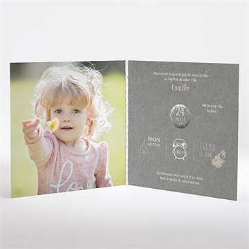 Faire-part de baptême en symboles carré plié - Intérieur du faire-part gratté