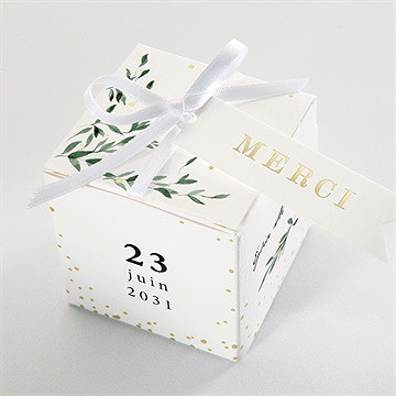 Boîte de dragées baptême décoration végétale dorure - Dessus de la boîte