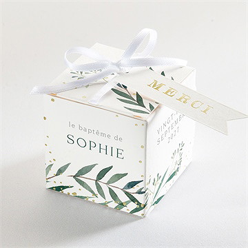 Boîte de dragées baptême jolie annonce champêtre dorure