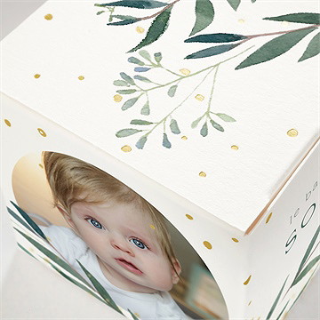 Boîte de dragées baptême jolie annonce champêtre dorure - Détail de la boîte