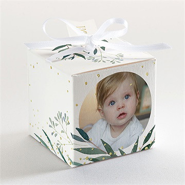 Boîte de dragées baptême jolie annonce champêtre dorure - Dos de la boîte