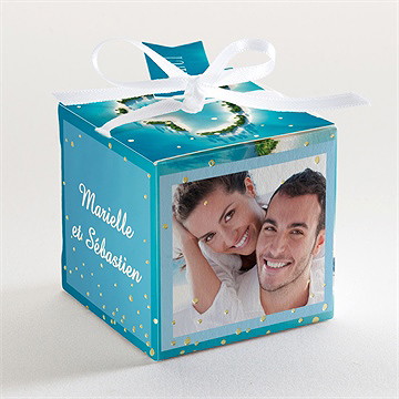 Boîte de dragées mariage eaux turquoises dorure - Dos de la boîte