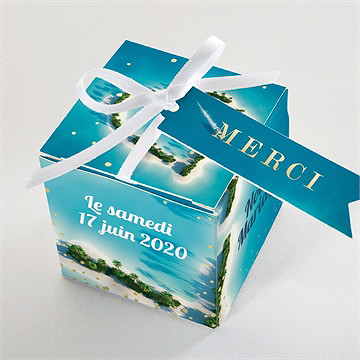 Boîte de dragées mariage eaux turquoises dorure - Dessus de la boîte