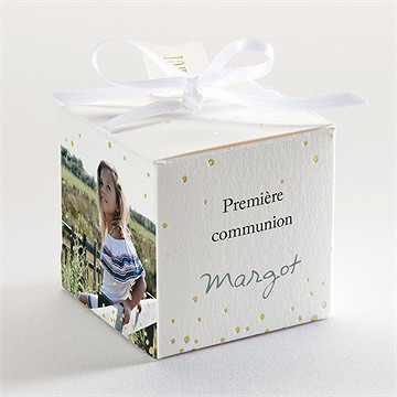 Boîte de dragées communion aquarelle sacrée dorure - Dos de la boîte