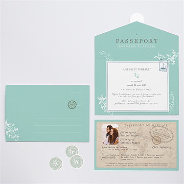 Faire-part mariage joli passeport enveloppe - Intérieur et dos du faire-part