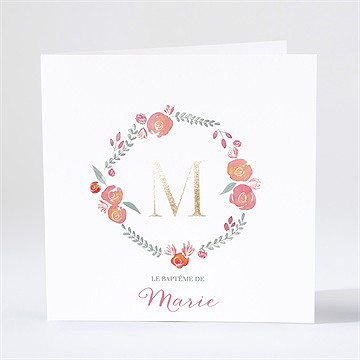 Faire-part de baptême cadre de fleurs dorure
