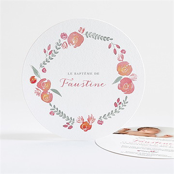 Faire-part de baptême cadre de fleurs rond