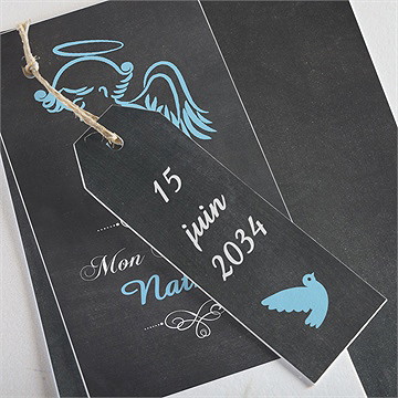 Faire-part de baptême ange et ardoise superposition - Détail du faire-part