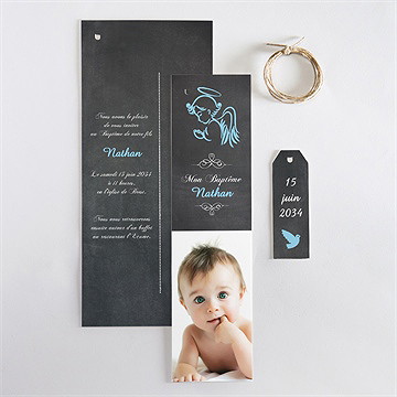 Faire-part de baptême ange et ardoise superposition - Vue d'ensemble