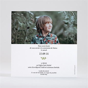 Faire-part communion illustration végétale dorure - Dos du faire-part