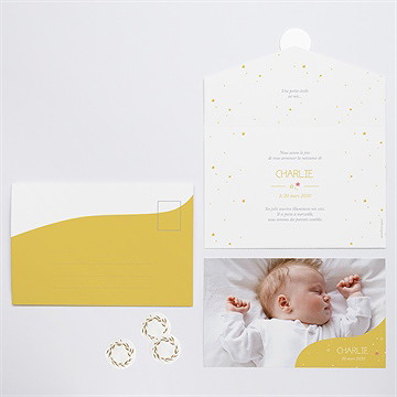 Faire-part naissance en jaune toute! enveloppe - Vue d'ensemble