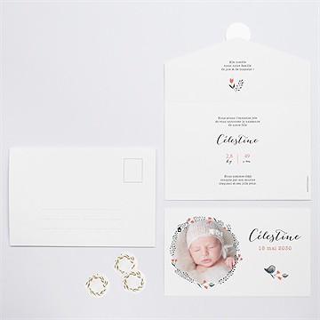 Faire-part naissance en rouge et noir enveloppe - Vue d'ensemble