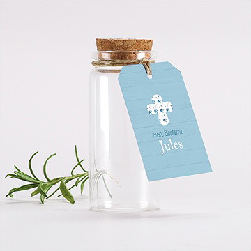 Mignonette baptême noeud et croix étiquette