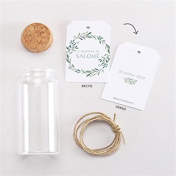 Mignonette baptême feuilles et or étiquette - Vue d'ensemble