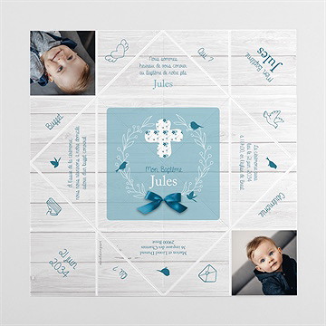 Faire-part de baptême noeud et croix cocotte - Vues dépliée