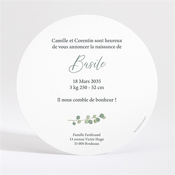 Faire-part naissance nouvelle printanière rond - Dos du faire-part