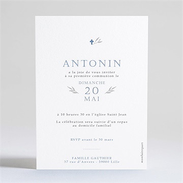 Faire-part communion bleu myosotis dorure - Dos du faire-part