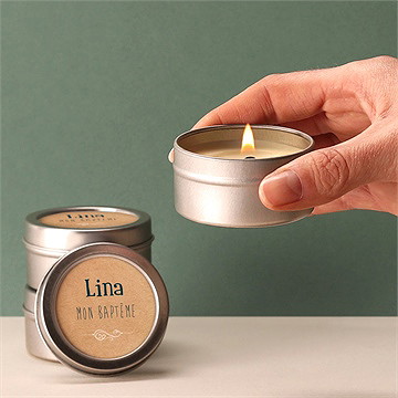 Bougie baptême tout en pictos argenté - Bougie allumée