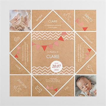 Faire-part de baptême kraft banderole origami - Vues dépliée