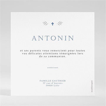 Remerciement communion bleu myosotis carré - Dos de la carte