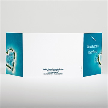 Faire-part mariage eaux turquoises 2 volets - Dos du faire-part