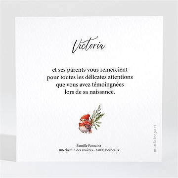 Remerciement naissance oiseau d'hiver - Dos de la carte