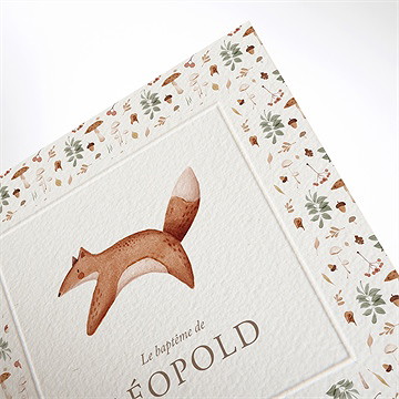 Faire-part de baptême renard en forêt gaufrage - Détail du faire-part