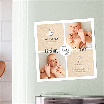 Faire-part de baptême pictos jumeaux magnet