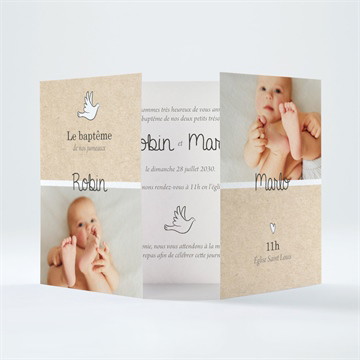 Faire-part de baptême pictos jumeaux 2 volets