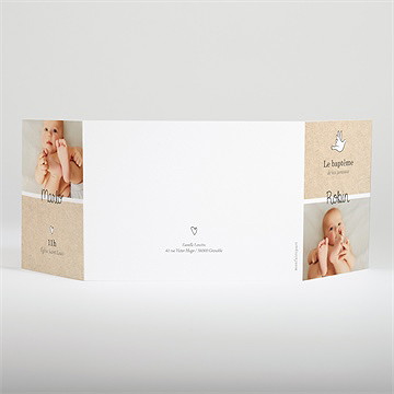 Faire-part de baptême pictos jumeaux 2 volets - Dos du faire-part