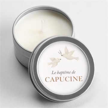 Bougie baptême douces colombes argent