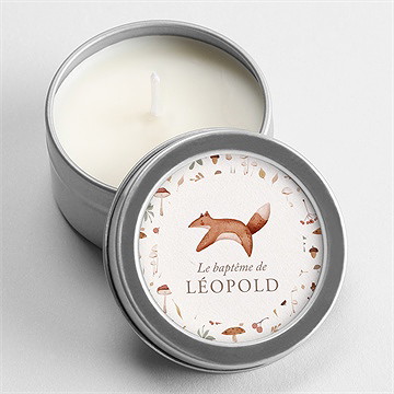 Bougie baptême renard en forêt argent