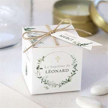 Boîte de dragées baptême l'eucalyptus