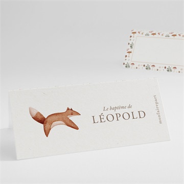 Marque-place baptême renard en forêt gaufrage