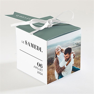 Boîte de dragées mariage annonce minimaliste - Dos de la boîte