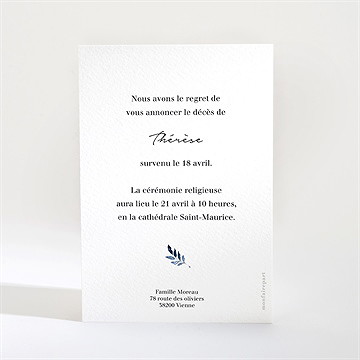 Faire-part décès fleur bleue - Dos du faire-part