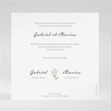 Faire-part naissance bodys jumeaux carré - Dos du faire-part