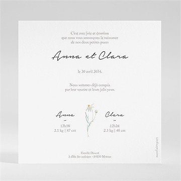 Faire-part naissance jumeaux barboteuse carré - Dos du faire-part